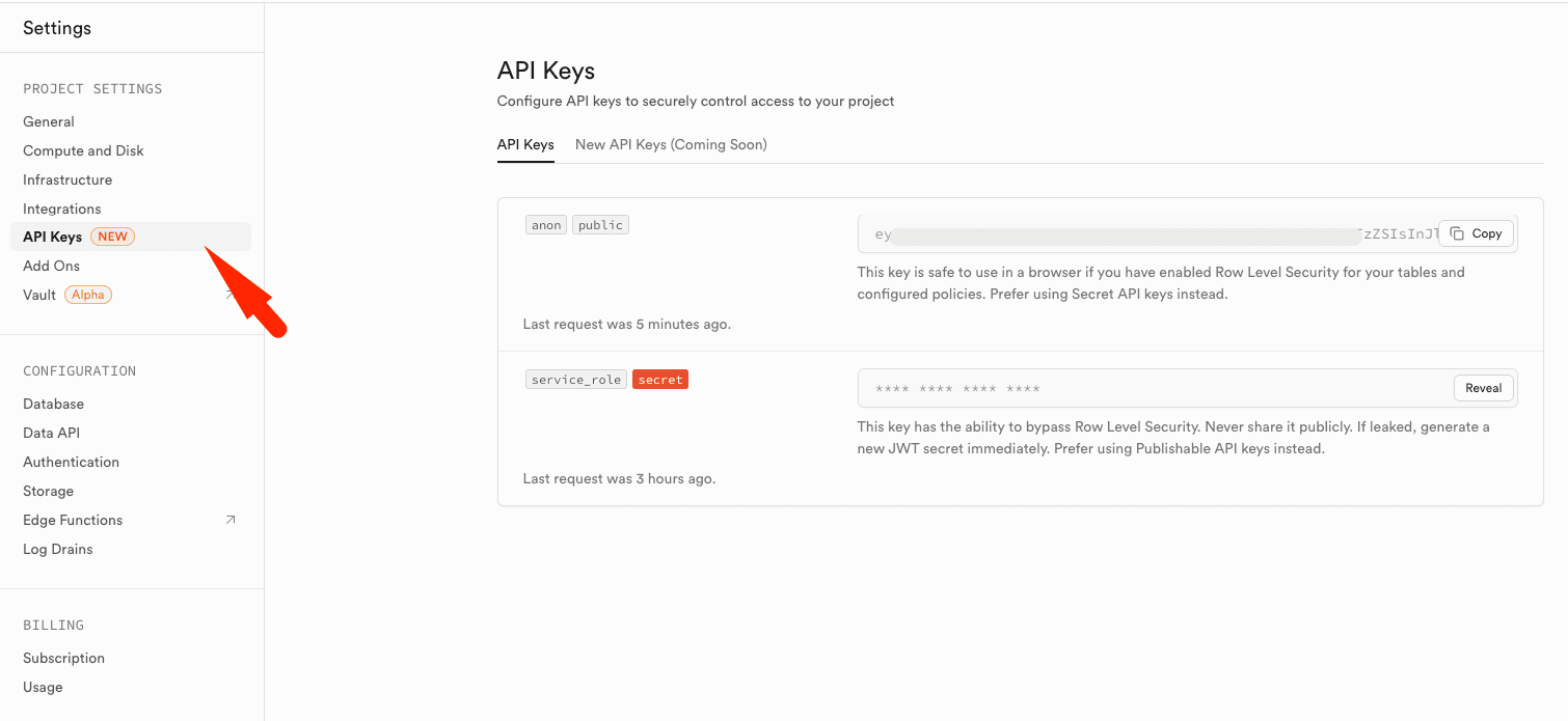 Halaman API Keys di Dashboard Supabase