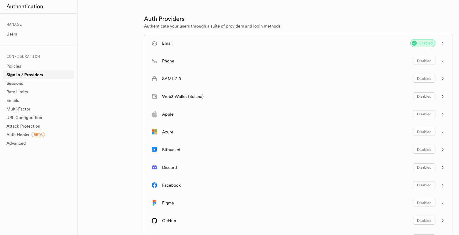 Tab Providers di Supabase Authentication