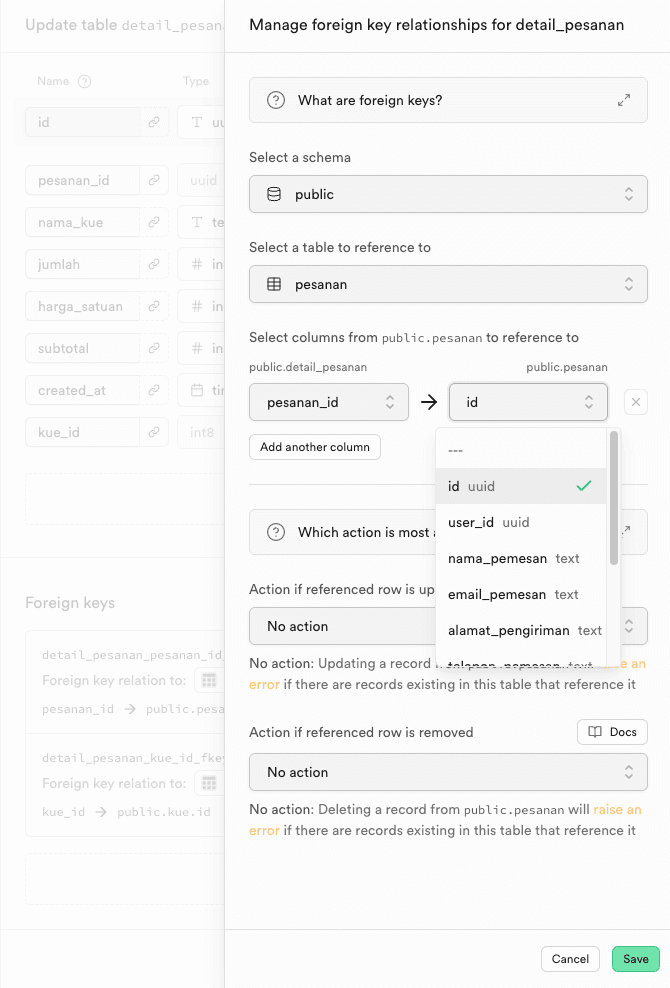 Contoh Set Foreign Key di Supabase Table Editor