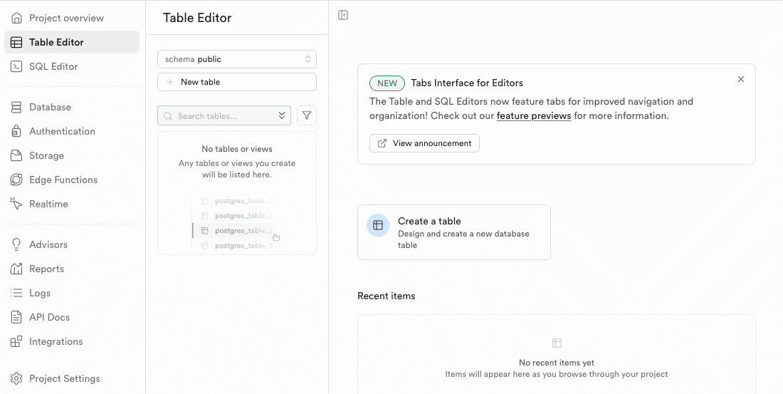 Contoh Tampilan Table Editor Supabase