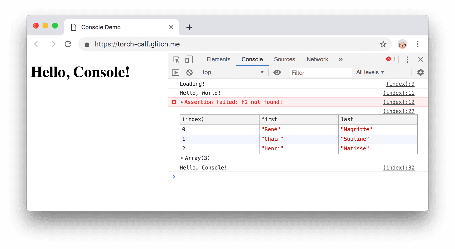 Contoh Tab Console di Chrome DevTools